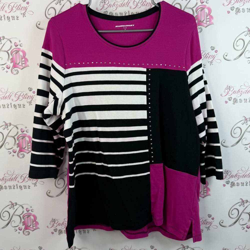 Allison Daley shirt rhinestone Black and Pink Colorblock Long Sleeve Top